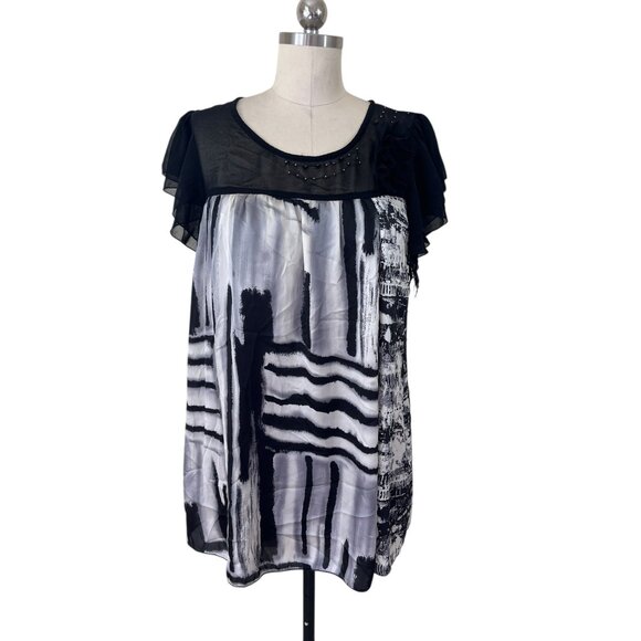 Forla Paris Dress Womens Small Black Abstract Short Sleeve Artsy Mod Boho City - Picture 1 of 11